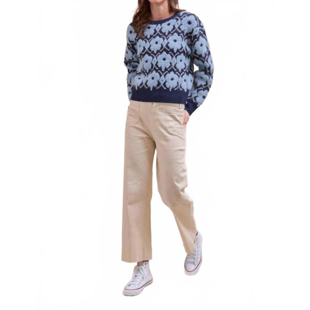 NEW &MERCI fuzzy flower crew sweater in blue
